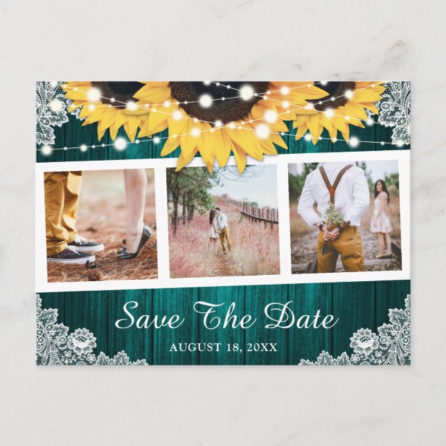 Carte Postale Faire-part Faire part de photo de tournesol sarcelle rustique (Devant)