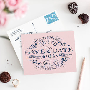 Carte Postale Faire-part Faire part rose et marine à volutes