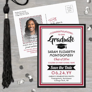 Carte Postale Faire-part Félicitations Diplômé Rouge & Blanc Sauvegarder la