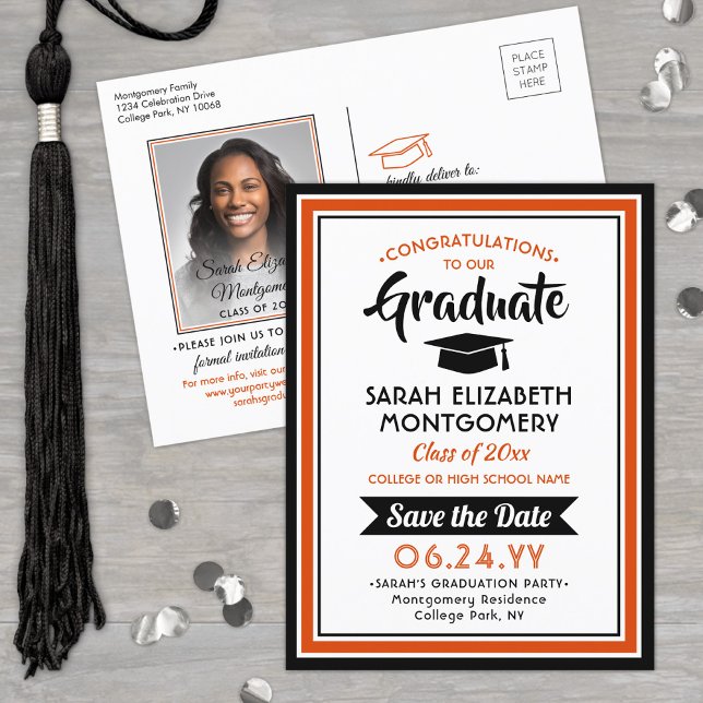Carte Postale Faire-part Félicitations diplômés Orange et Noir Sauvegarder  (Créateur téléchargé)