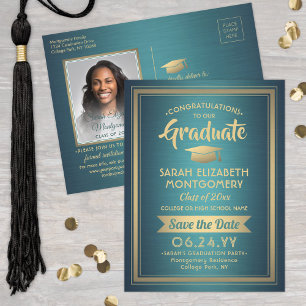 Carte Postale Faire-part Félicitations jeune diplômé Turquoise et Or Sauveg