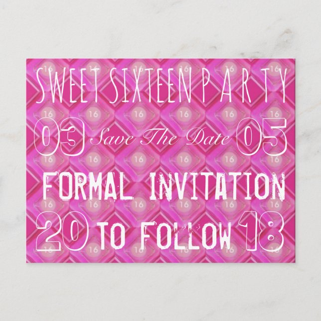 Carte Postale Faire-part Fête d'anniversaire 16 ans Save The Date Rose (Devant)