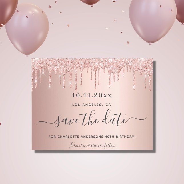 Carte Postale Faire-part Fête d'anniversaire rose gold pailleté save the da (Créateur téléchargé)