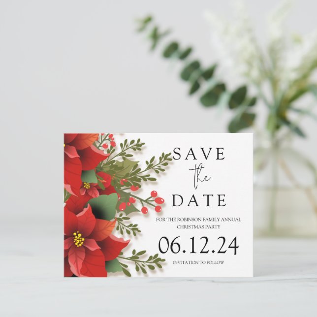 Carte Postale Faire-part Fête de Noël Enregistrer la date Poinsettia (Debout devant)