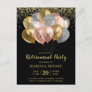 Carte Postale Faire-part Fête de retraite Rose Gold Argent Noir 