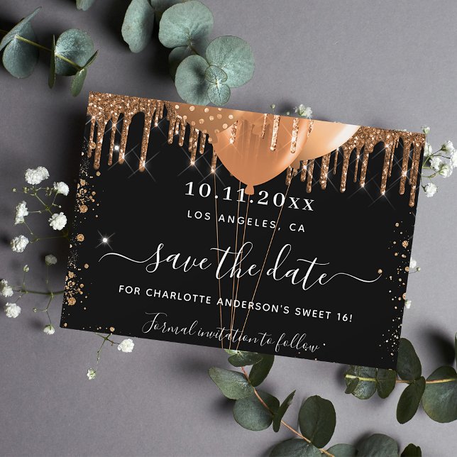Carte Postale Faire-part Fête des 16 ans ballons noirs et or save the date (Créateur téléchargé)