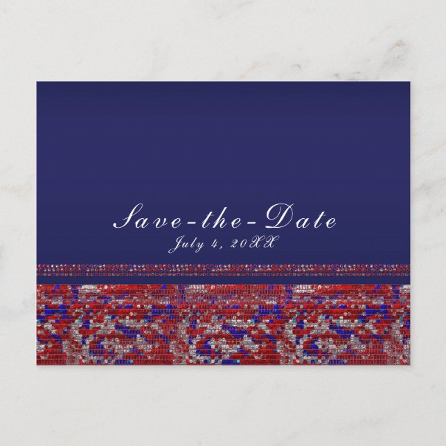Carte Postale Faire-part Fête Rouge Blanc & Bleu Pailleté Sequins 4 Juillet (Devant)