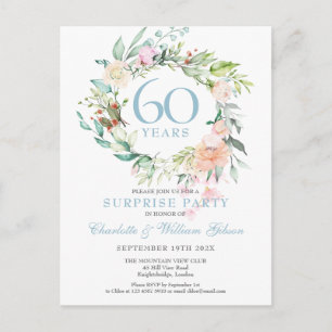 Carte Postale Faire-part Fête surprise 60 ans Anniversaire Roses Floral