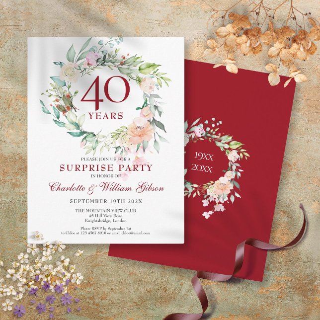 Carte Postale Faire-part Fête surprise pour 40e anniversaire de mariage Gui (40th Anniversary Surprise Party Roses Garland Announcement Postcard)
