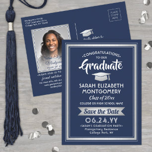 Carte Postale Faire-part Fêtes Gradué Marine Bleu Enregistrer la date Photo