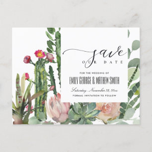 CARTE POSTALE FAIRE-PART FEUILLAGE DE CACTUS DU DÉSERT FLEURS ROSES SAVE TH