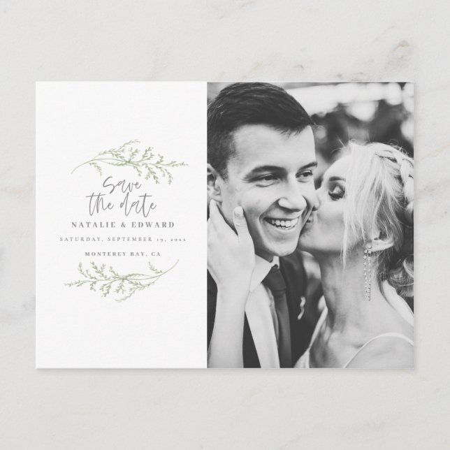Carte Postale Faire-part Feuillage minimal + texte de script pour save the  (Devant)