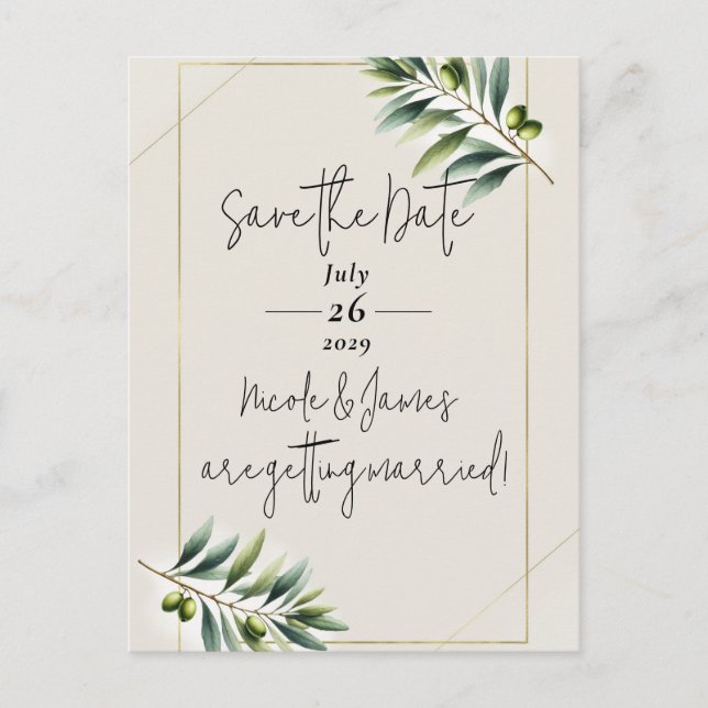 Carte Postale Faire-part Feuille d'olive verte sur fond blanc os et or Save (Devant)