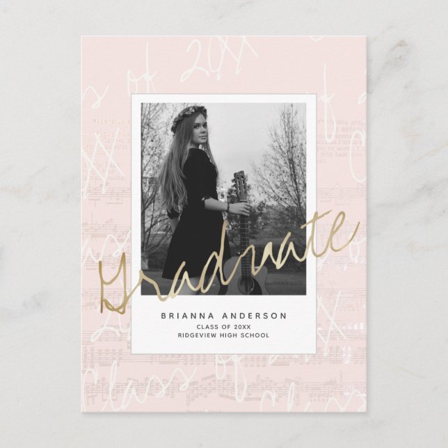 Carte Postale Faire-part Feuille Musique Brush Script Pink Photo Graduation (Devant)