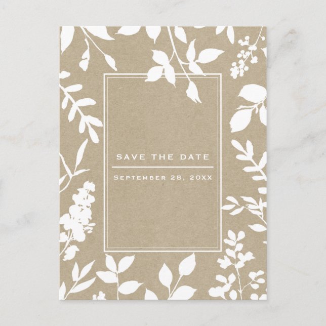 Carte Postale Faire-part Feuilles Botaniques Blanches Simple Rustique Enreg (Devant)