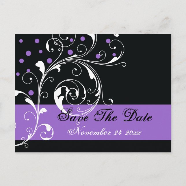 Carte Postale Faire-part Feuilles de défilement mariage noir violet Enregis (Devant)