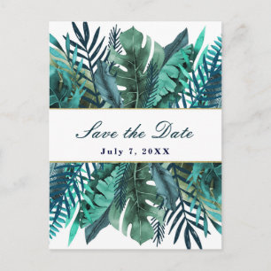 Carte Postale Faire-part Feuilles de Teal Vert Tropical Mariage Économisez 