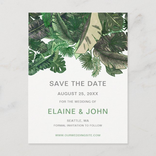 Carte Postale Faire-part feuilles tropicales or verdure botanique mariage (Devant)