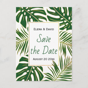 Carte Postale Faire-part Feuilles tropicales vertes et or mariage Save the 
