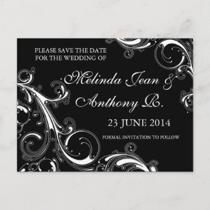 Carte Postale Faire-part Filigree Swirl noir avec blanc Enregistrer la date