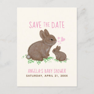 Carte Postale Faire-part Fille aux coeurs de lapins Baby Shower Enregistrer
