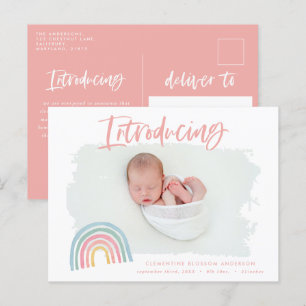 Carte Postale Faire-part Fille rose arc-en-ciel moderne introduisant photo 