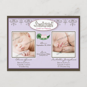 Carte Postale Faire-part Filles jumelles chères Lilac Naissance / Faire-par