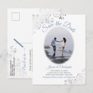 Carte Postale Faire-part Fines dentelles argentées avec Photo Bleu Mariage 