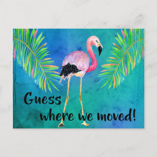 Carte Postale Faire-part Flamant rose et Palm Feuilles Changement d'adresse
