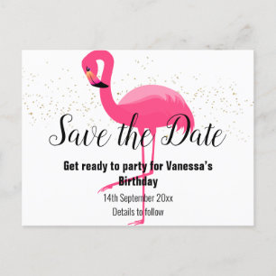 Carte Postale Faire-part FLAMANT ROSE ROSE CLAIR Enregistrer la date blanch