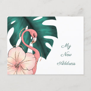 Carte Postale Faire-part Flamant rose rose Feuille Monstera Déménagement en