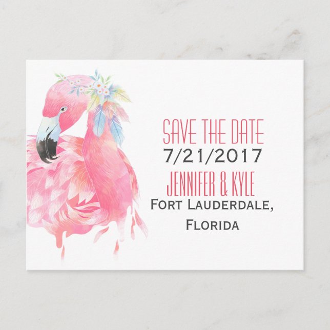 Carte Postale Faire-part Flamant rose tropical Mariage Enregistrer La Date  (Devant)
