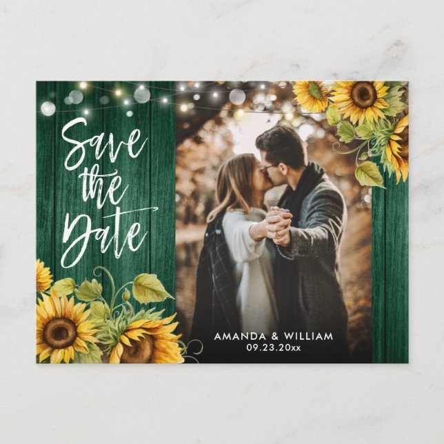 Carte Postale Faire-part Fleur de soleil Lumières Chasseur Mariage vert Pho (Devant)