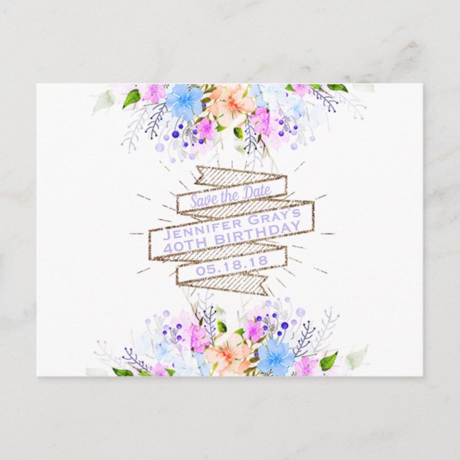 Carte Postale Faire-part Fleurs à l'aquarelle Fête d'anniversaire élégante (Devant)