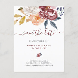 Carte Postale Faire-part Fleurs aquarelles de Bourgogne   Mariage Enregistr