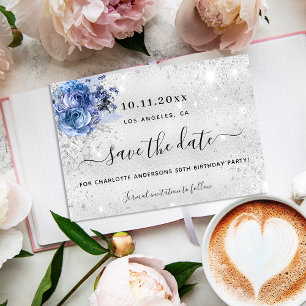 Carte Postale Faire-part Fleurs argentées de fête d'anniversaire script sav