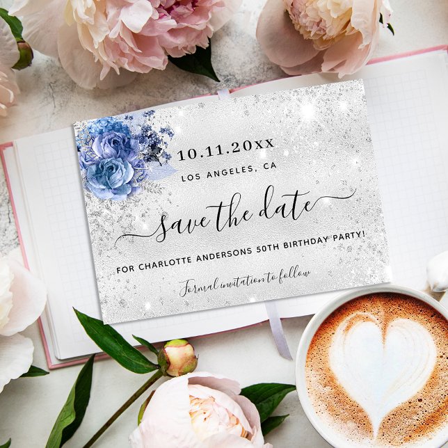 Carte Postale Faire-part Fleurs argentées de fête d'anniversaire script sav (Créateur téléchargé)