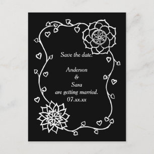 Carte Postale Faire-part Fleurs blanches Coeurs Noir Enregistrer la date Ca