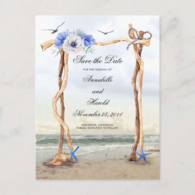 Carte Postale Faire-part Fleurs Bleues de Plage Enregistrer la Date (Devant)