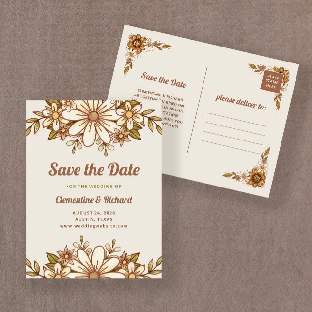Carte Postale Faire-part Fleurs Boho Retro | Mariage Enregistrer la date (A trendy and retro floral save the date)