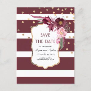 Carte Postale Faire-part Fleurs Bourgogne et Confetti d'or Enregistrer la d