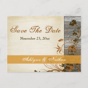 Carte Postale Faire-part Fleurs d'automne, FAUX Bois Enregistrer la date Ca
