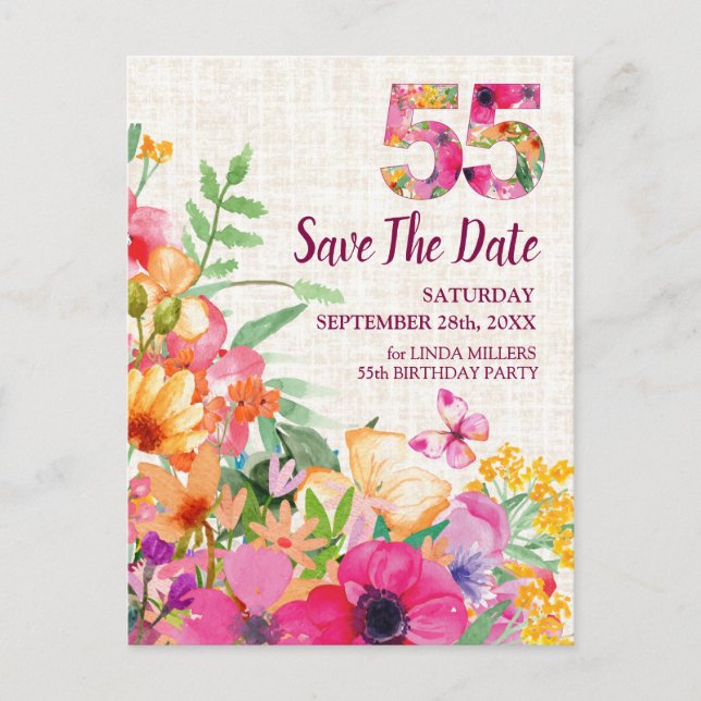Carte Postale Faire-part Fleurs de 55 ans Lin fleuri 55e anniversaire (Devant)