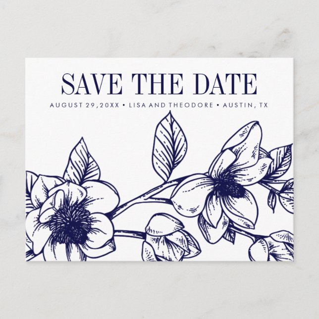 Carte Postale Faire-part Fleurs de magnolia chic | Bleu marine  | Sauvegard (Devant)