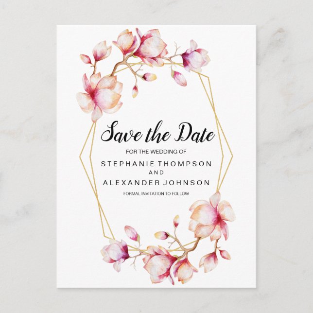 Carte Postale Faire-part Fleurs de Magnolia Rose Aquarelle (Devant)