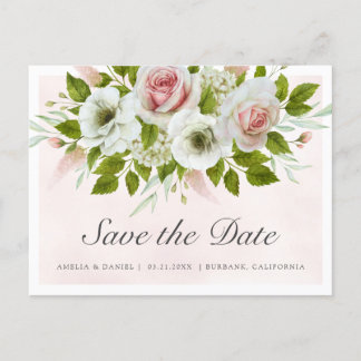 Carte Postale Faire-part Fleurs de roses rose aquarelle romantique Enregist