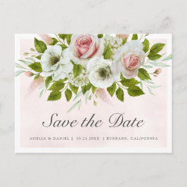 Carte Postale Faire-part Fleurs de roses rose aquarelle romantique Enregist