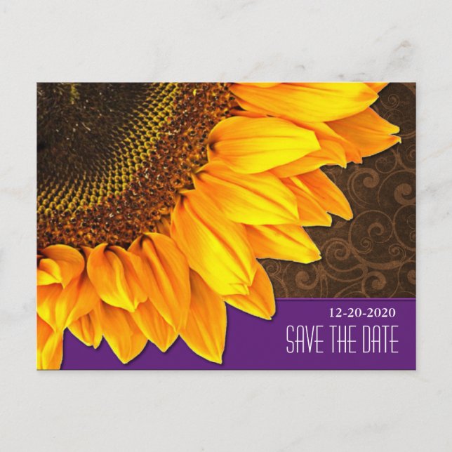 Carte Postale Faire-part Fleurs de Tournesol Violettes & Marron Mariage Car (Devant)