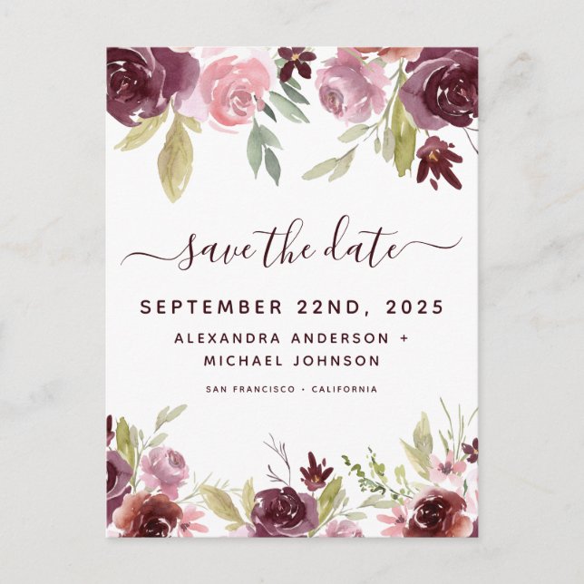 Carte Postale Faire-part Fleurs Élégantes de Bourgogne Fleur Save the Date (Devant)