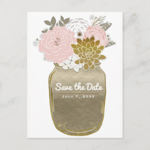 Carte Postale Faire-part Fleurs en pot Mason Rustique Rose Or Date de Maria